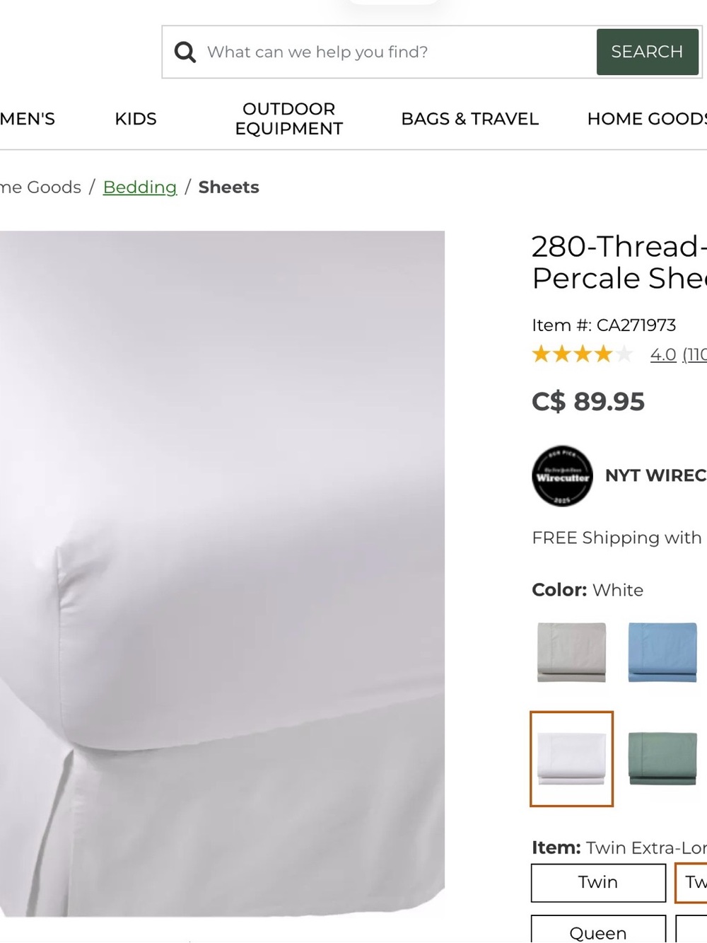L.L. Bean White Percale Twin XL Fitted Sheet